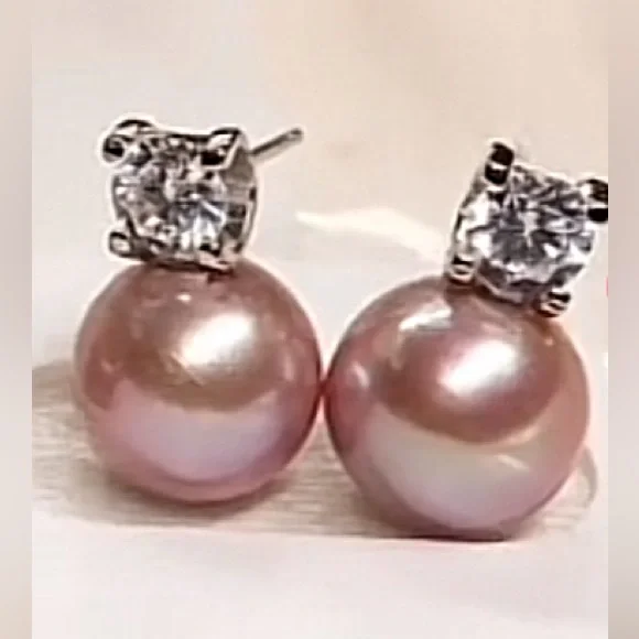 PINK 9mm Natural Freshwater Pearl 925 Silver Mounting Stud Earrings With CZ - Picture 4 of 13